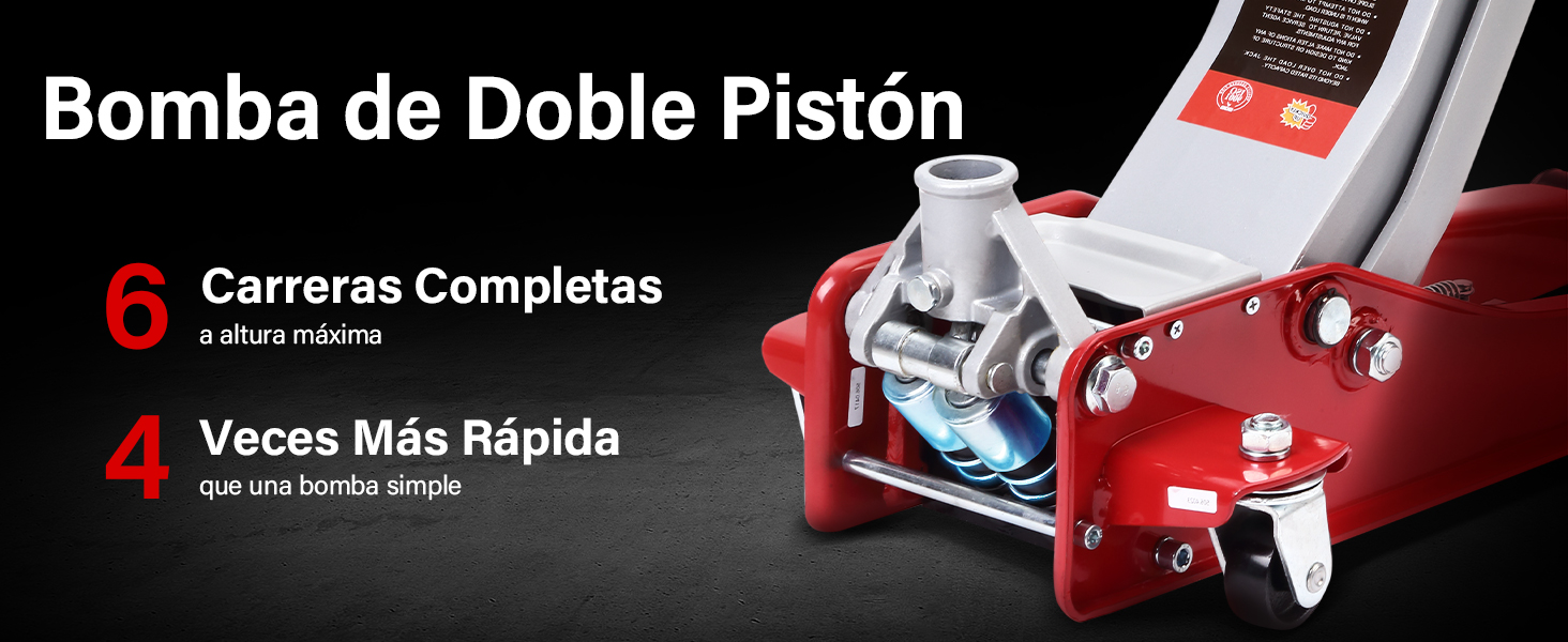 El texto dice «Bomba de Doble Pistón», «6 Carreras Completas», «7 Veces Más Rápida». Imágenes del producto en rojo y blanco que muestran lo que parecen ser componentes del mecanismo de la bomba.