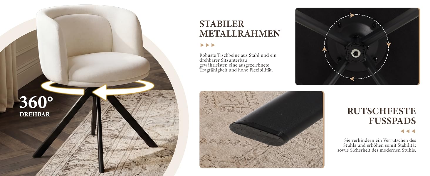 Der Text lautet „STABILER METALLRAHMEN“, „360°“, „RUTSCHFESTE FUSSMADS“. Cremefarbener Drehstuhl mit schwarzem Stativfuß aus Metall, das aus mehreren Winkeln gezeigt wird. Er ist um 360 Grad drehbar und verfügt über rutschfeste Füße.