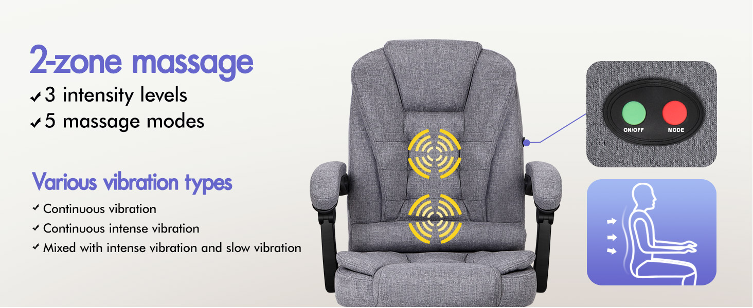 Text reads 'ZĐ¸Đľone massage' with bullet points '3 intensity levels', 'Heat function', 'Various vibration types'. Gray massage chair with heat zones highlighted, remote control, and leg massage footrest shown.