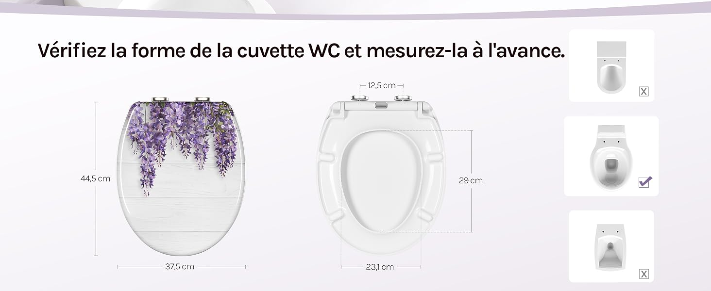 Le texte se lit comme suit : « Vérification de forme de la couverture WC et mesure (s) de l'ouverture ». Disposition du produit montrant une housse de siège de toilette blanche avec les spécifications de mesure et les composants.