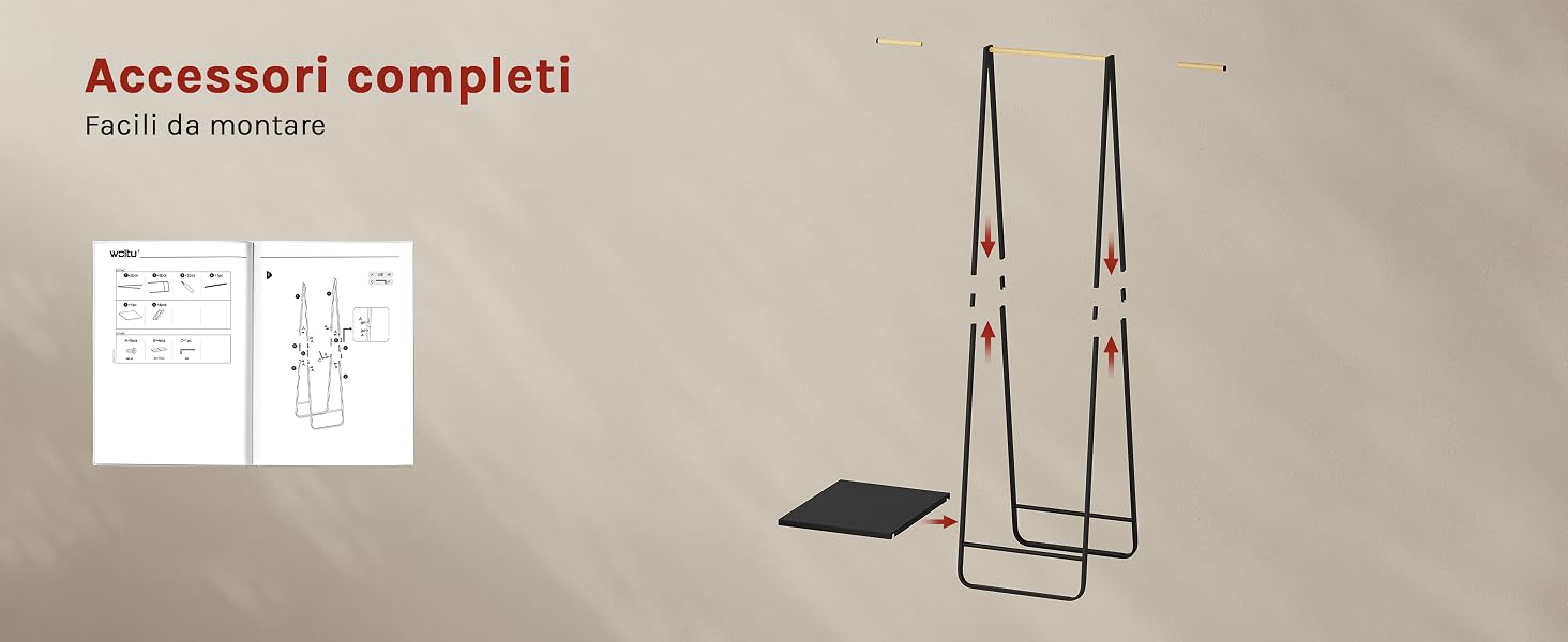 Il testo dice 'Accessori completi'. Diagramma tecnico che mostra le istruzioni di montaggio o le misure di un supporto o di un supporto.
