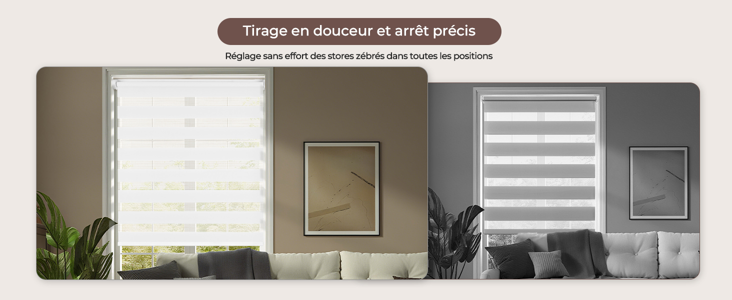 Comparaison avant/après fractionnée des parures de fenêtres montrant la même pièce avec et sans stores zèbres ou doubles installés. Le texte en français traite des teintes des fenêtres.