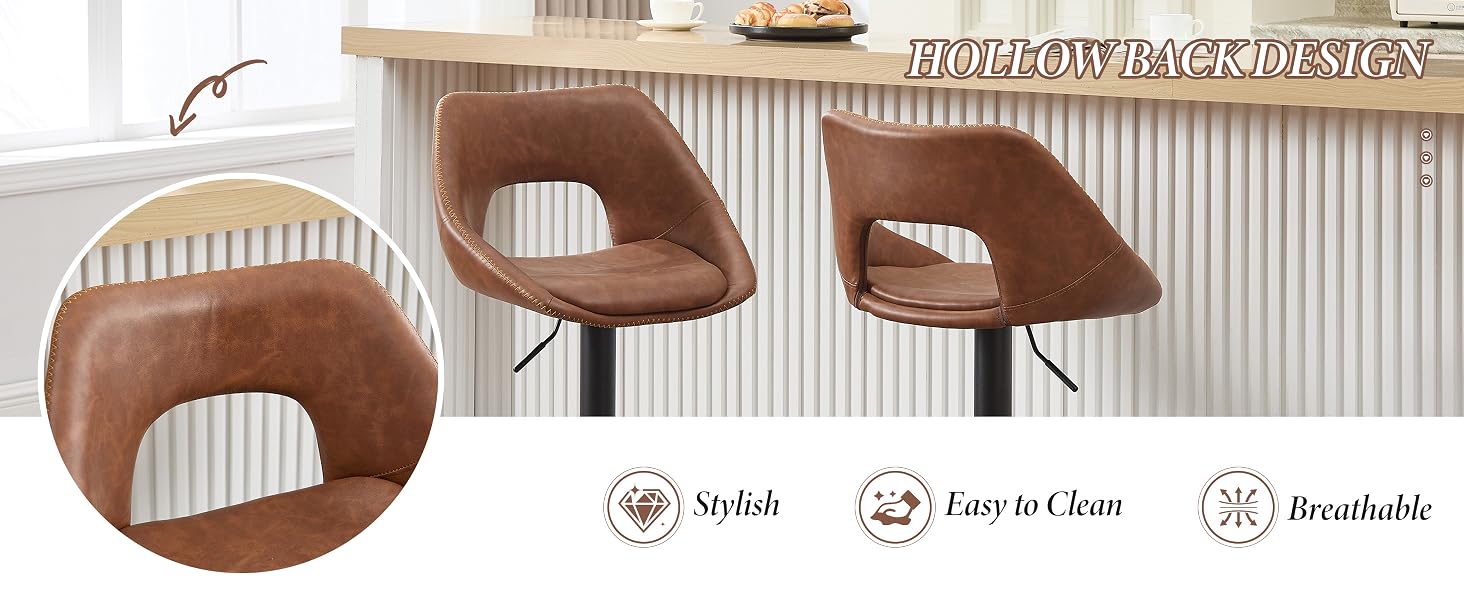 Brown upholstered bar stools with curved seat backs shown at white counter.
