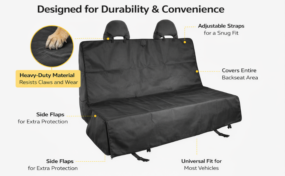 Text reads: 'Designed for Durability &amp; Convenience', 'Heavy Duty Material Resists Stains and Wear', 'Comes Entire Backseat Area', 'Universal Fit for Most Vehicles', 'Side Flaps for Extra Protection'. Black car seat cover with labeled features and durability specifications.