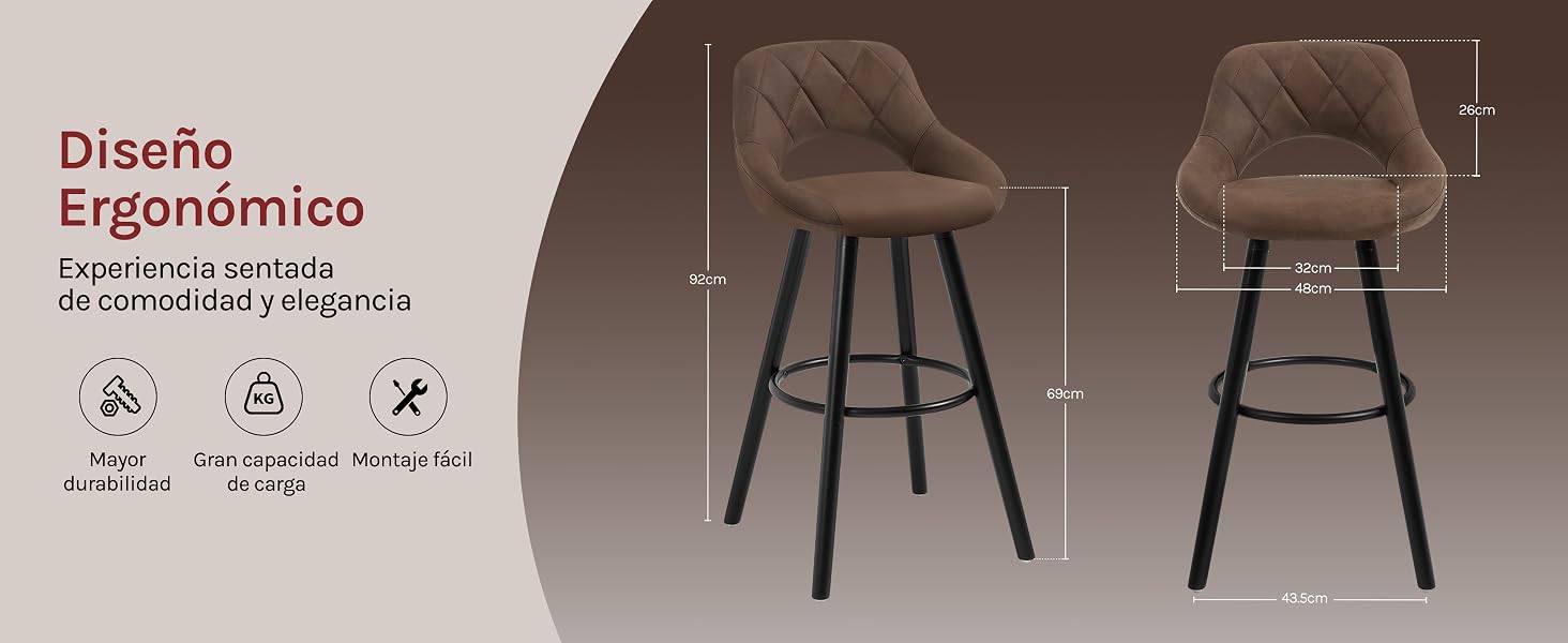 Dos taburetes de bar tapizados en marrón con respaldos curvos y patas de metal negro que se muestran desde diferentes ángulos, destacando las características de diseño ergonómico