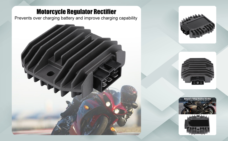 Motorcycle regulator rectifier with heat sink fins. Multiple views shown. Text describes function to prevent overcharging and improve charging capacity.
