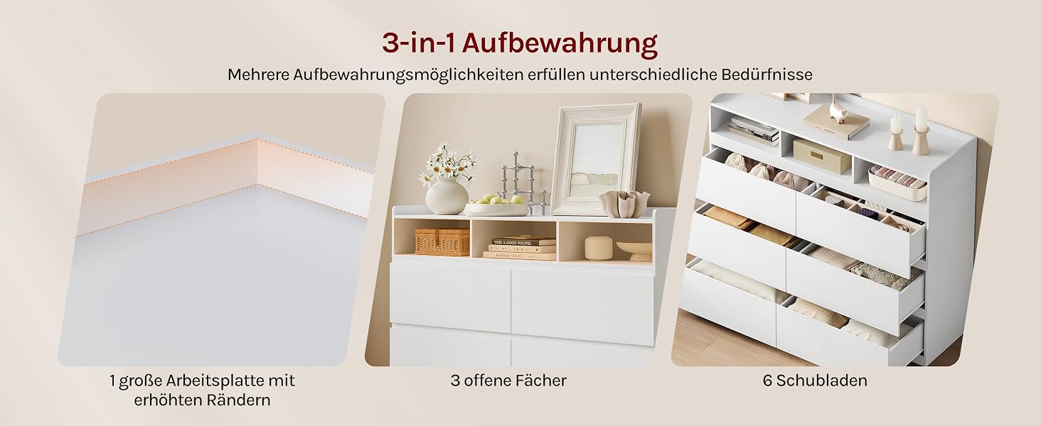 Der Text lautet '3-in-1 Aufbewahrung', 'Mehrern Aufbewahrungsmöglichkeiten/Organizer um Bio-Chaos richtig Schubladen/Regal', '3-teiliges Fächer', '1-Bestandteil'. Weißer modularer Aufbewahrungsorganisator mit mehreren Fächern, Regalen und Schubladenkonfiguration, präsentiert in einer sauberen Inneneinrichtung.