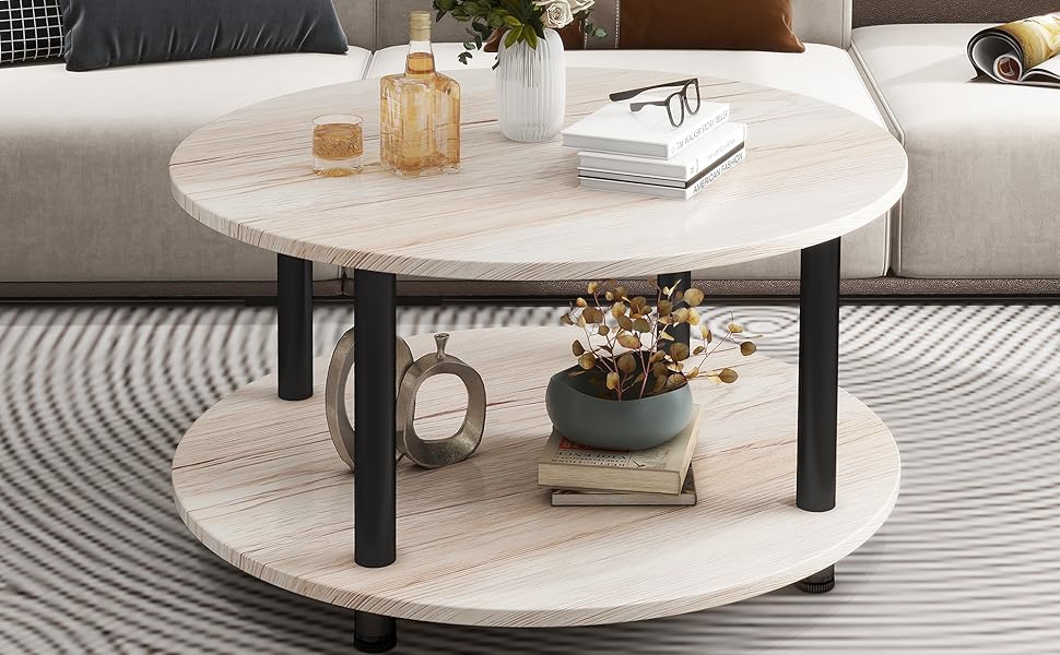 23.6" Round Coffee Table, 2-Tier Small Circle Coffee Table with Storage