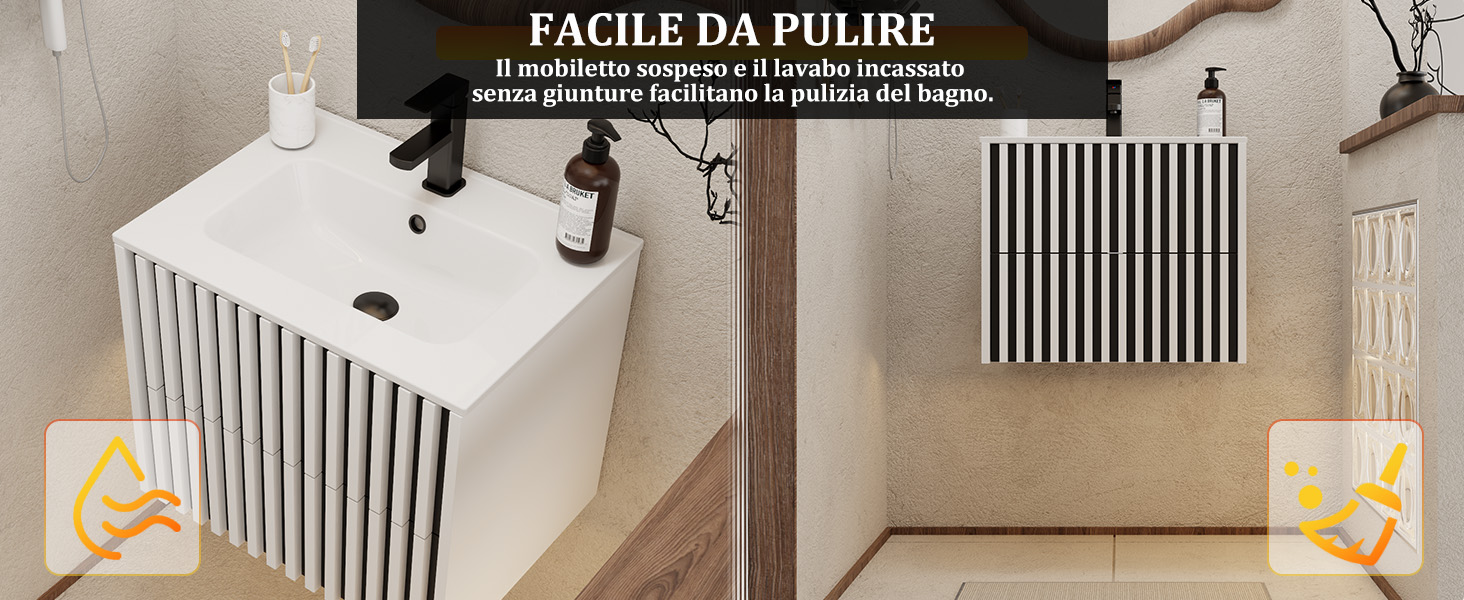 Mobili per culla o cameretta bianchi appoggiati al muro con carta da parati a righe verticali o decalcomanie. Luci d'accento gialle visibili.
