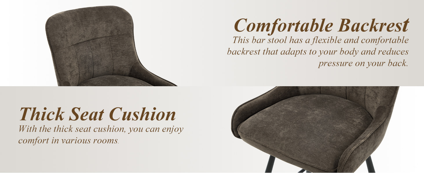 Text reads 'Comfortable Backrest' and 'Thick Seat Cushion'. Brown upholstered reclining chair with plush cushioning shown from multiple angles.