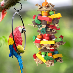 the parrot feeders are made of wood and plastic.