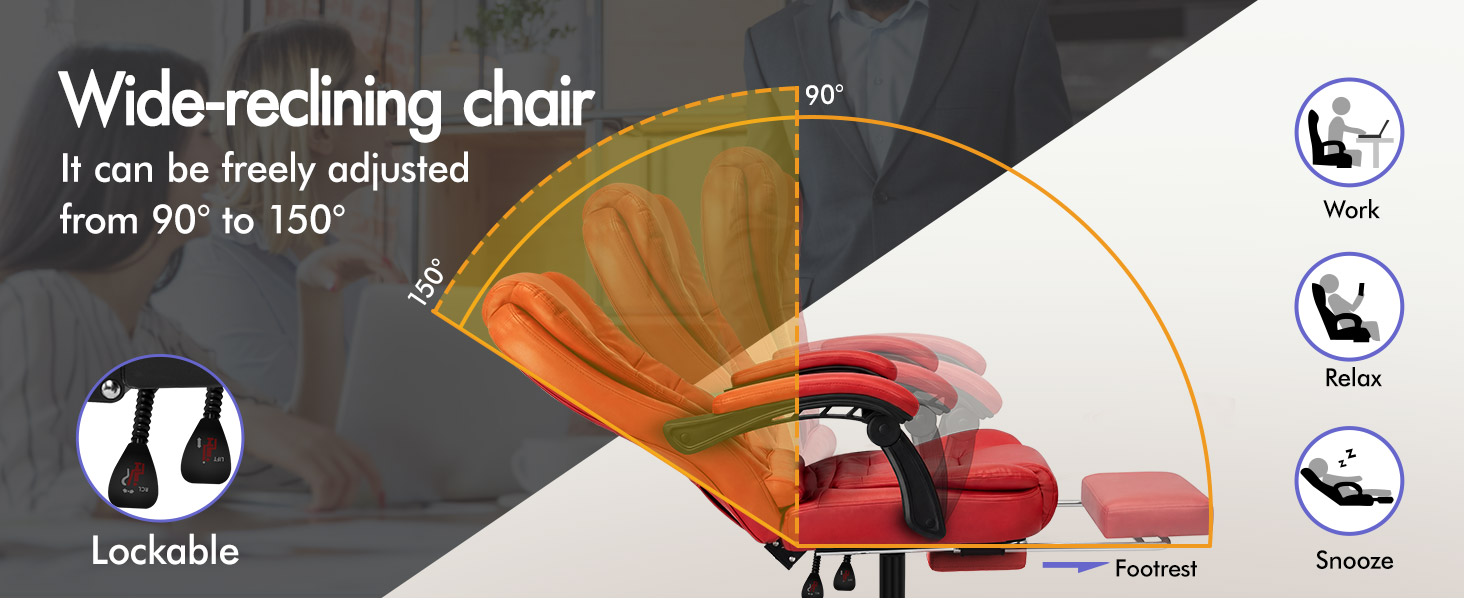 Text reads "Wide-reclining chair It can be freely adjusted from 90Đ±Ń to 150Đ±Ń" with "Lockable" label and icons showing reclining, locking, and swivel features. Red gaming chair with adjustment mechanism displayed.