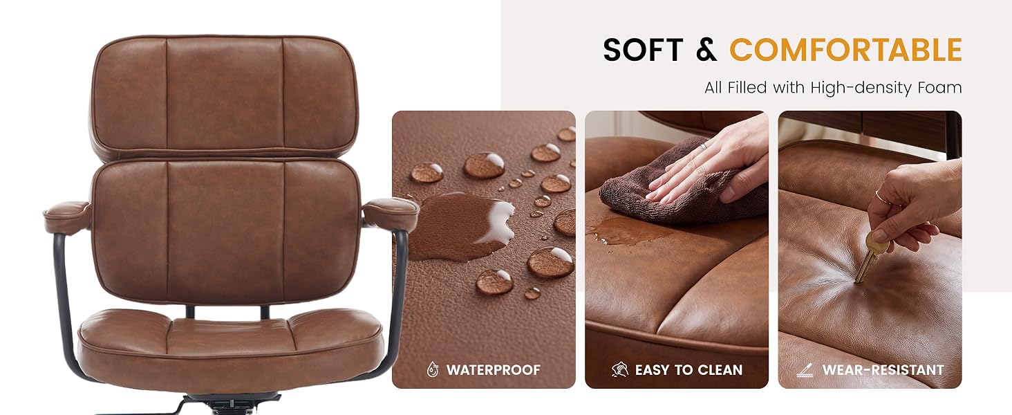Text reads "SOFT &amp; COMFORTABLE" and "0 DEGREE L-SHAPED DESIGN". Brown upholstered armchair with padded segments shown with detail close-ups of stitching, quilted texture, and fabric construction.