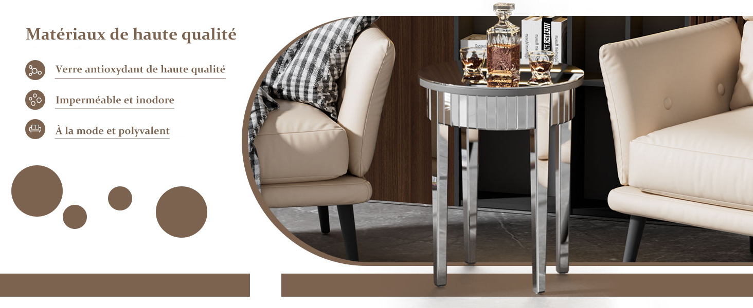 Table d'Appoint Ronde Salon Guéridon Bout de Canapé Miroir en Verre Petit Meuble de Chevet