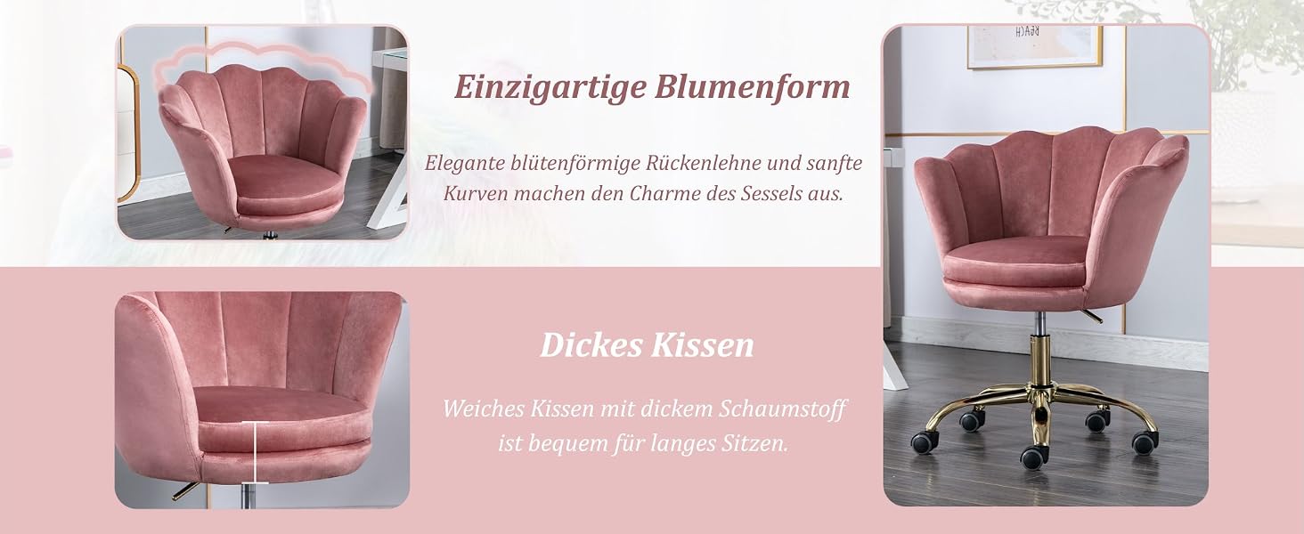 Produktpräsentation eines Bürostuhls aus rosafarbenem Samt, der das Möbelstück aus verschiedenen Blickwinkeln und Ansichten zeigt.