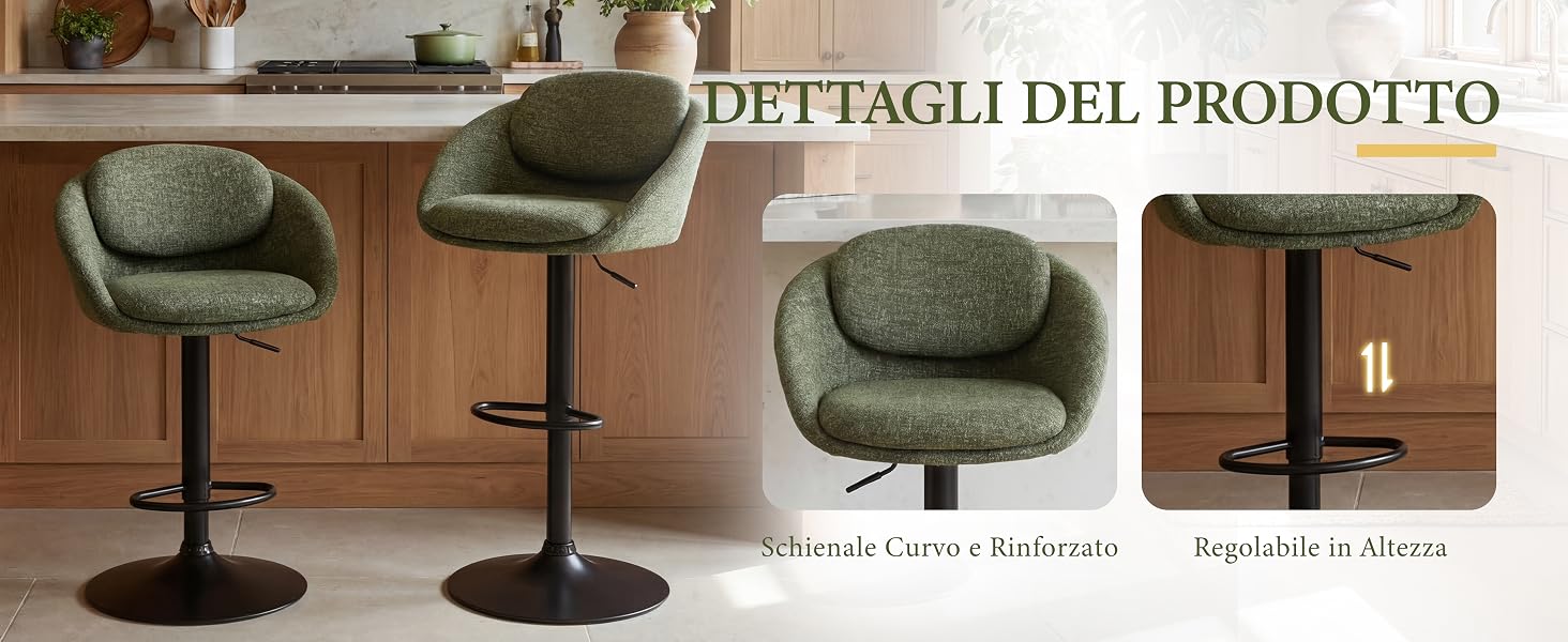 Il testo recita «DETTAGLI DEL PRODOTTO», «Ruotals Girevoli Antiusura», «Regolabile in Altezza». Sgabelli da bar con sedili curvi imbottiti verdi e basi in metallo nero, modelli ad altezza regolabile mostrati con mobile.