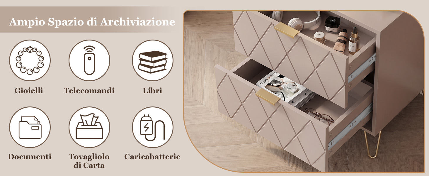 Il testo recita «Ampio Spazio di Archiviazione» con icone delle funzioni. Cassetto portaoggetti trapuntato beige con più scomparti che mostrano una disposizione organizzata e una capacità di archiviazione.
