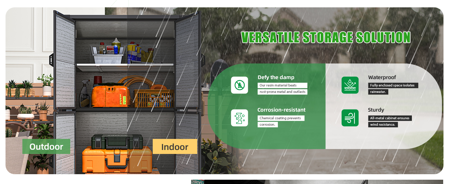 Text reads 'VERSATILE STORAGE SOLUTION'. Marketing display showing indoor and outdoor storage options with green icons indicating features and specifications.