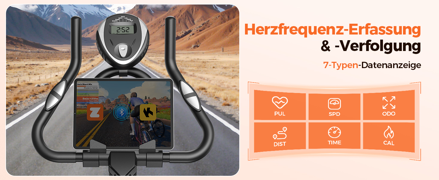 Der Text lautet „Herzfrequenz-Erfassung“. Die Displayoberfläche zeigt den Bildschirm zur Herzfrequenzmessung mit orangefarbenen und weißen Elementen.