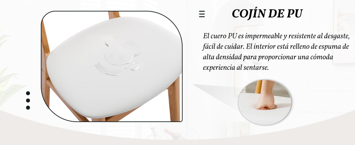 blanco con esquinas redondeadas. El texto lo describe como impermeable, duradero y fácil de limpiar, con un interior de espuma de alta densidad para