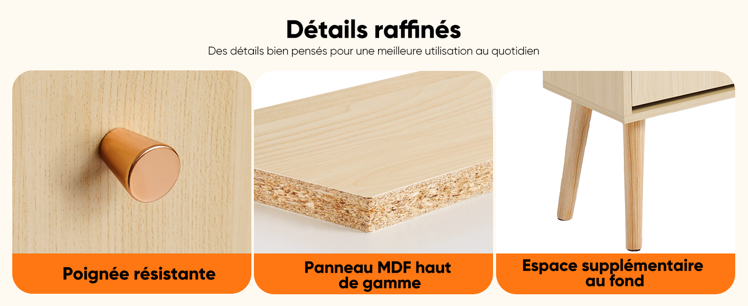 Schéma de construction du meuble montrant des panneaux de particules et des matériaux MDF avec des sections étiquetées en orange indiquant les différents composants.