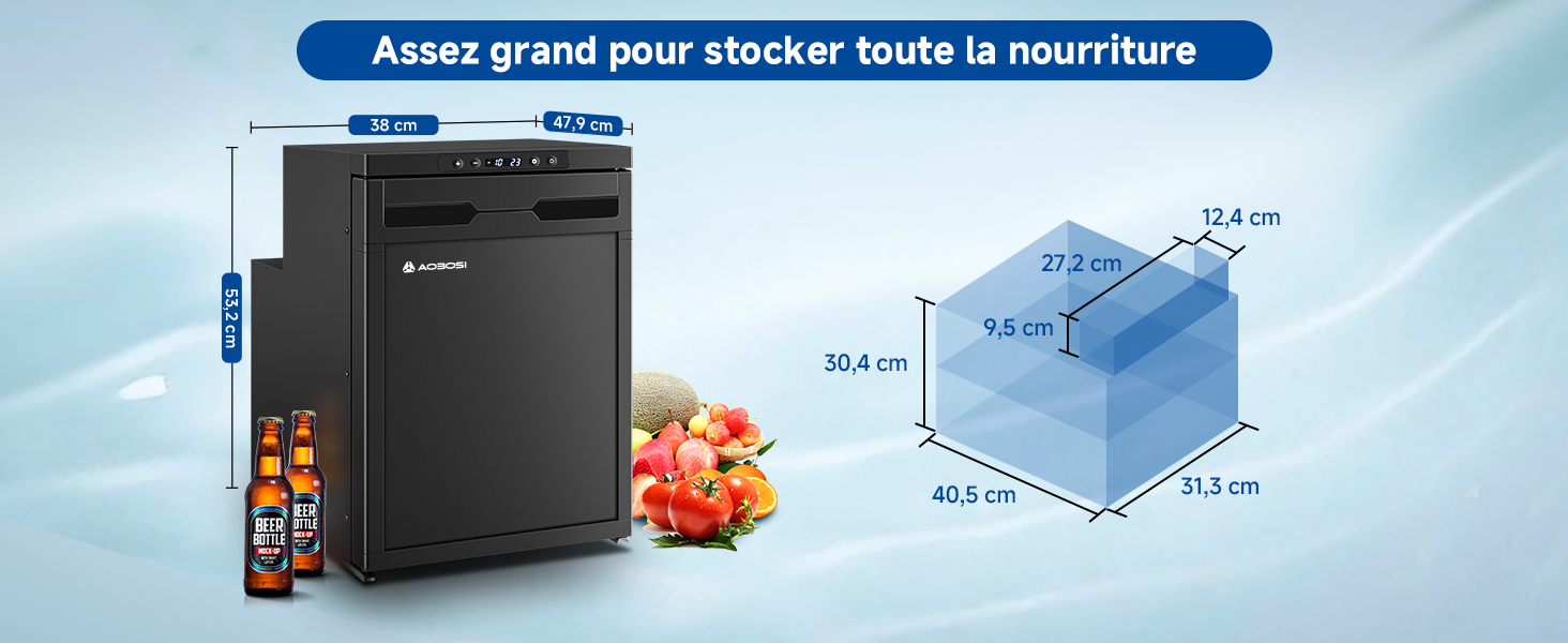 dont les dimensions sont affichées. Montré à côté des fruits et des boissons, mettant l'accent sur la capacité de stockage. Le diagramme bleu illustre les mesures de l'espace intérieur.