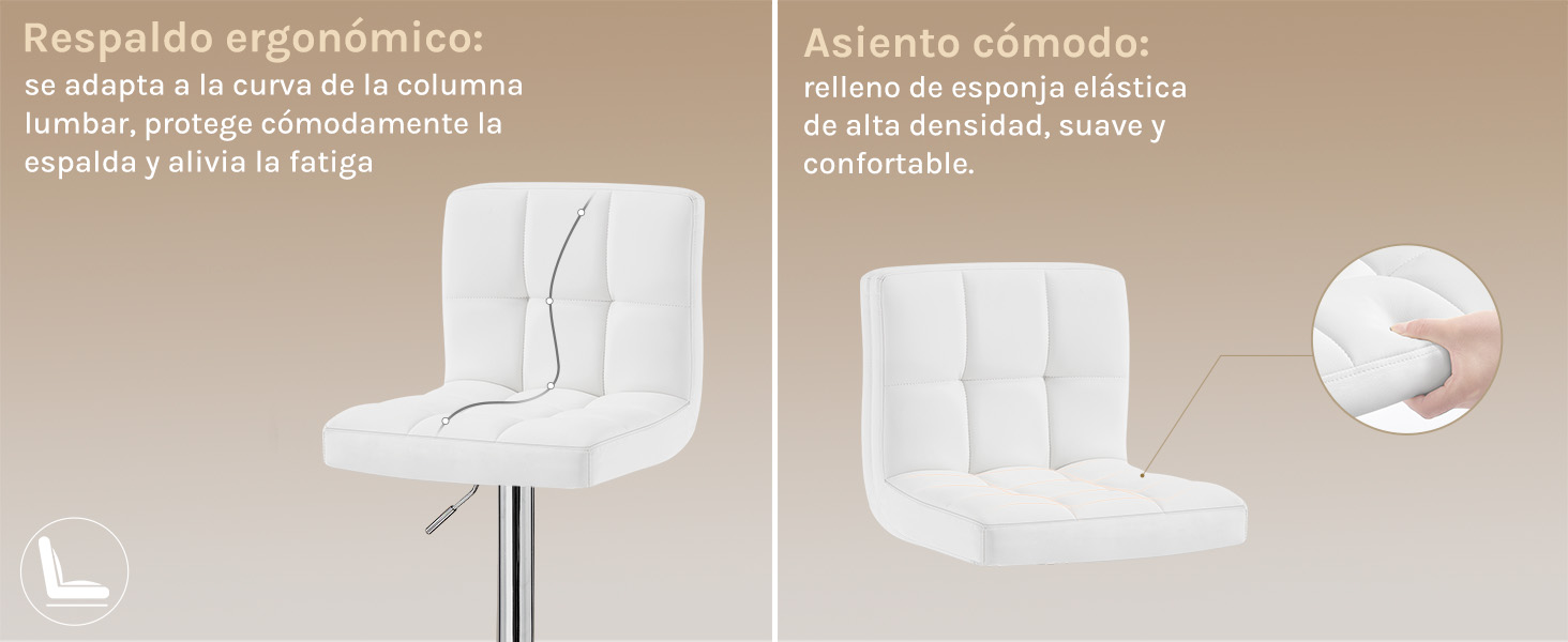 con respaldo y asiento acolchados, que se muestra con características de comodidad ergonómica en los paneles de demostración del producto