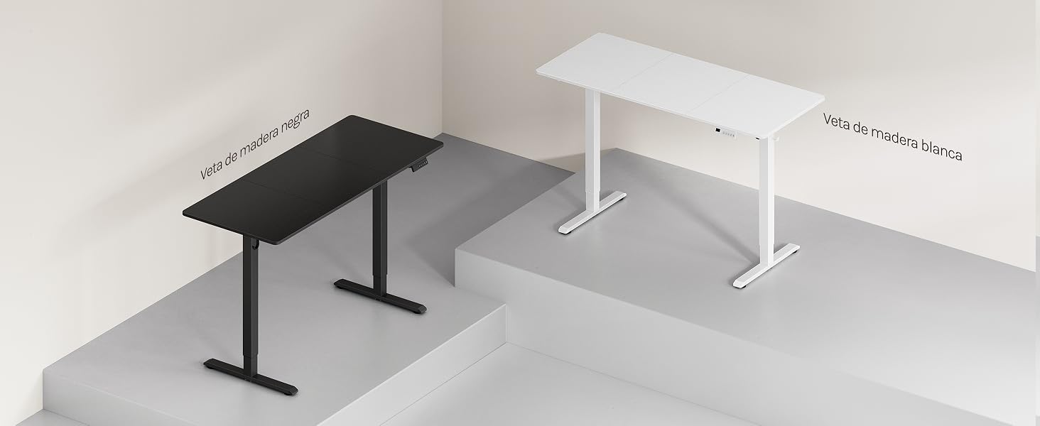 Conjunto de muebles minimalistas con mesa con estructura de metal negro y silla moderna blanca sobre fondo claro, que se exhibe en la sala de exposición.