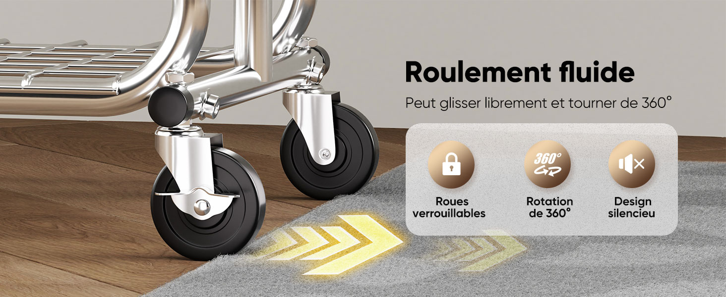 Le texte indique « Roulement fluide ». Démontre une solution de mouvement des meubles avec des roulettes et le processus d'installation sur une base de meuble en bois.