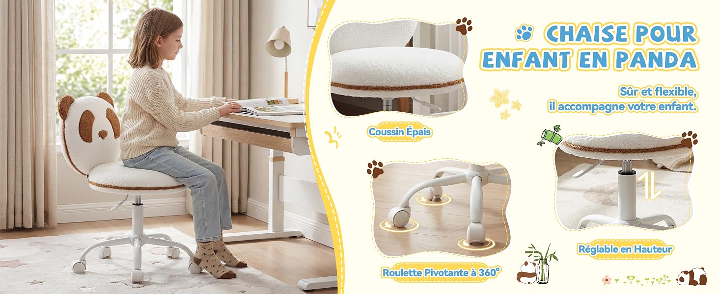 Le texte indique « CHAISE POUR ENFANT EN PAPIER » (Chaise en papier pour enfant). Composite représentant une femme avec un enfant utilisant une chaise en papier beige, plusieurs vues du design pliable et du rangement de la chaise.