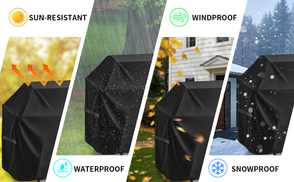 Demonstration of black umbrella's weather resistance features, showing protection against sun, wind, water, and snow in four panel split-view.