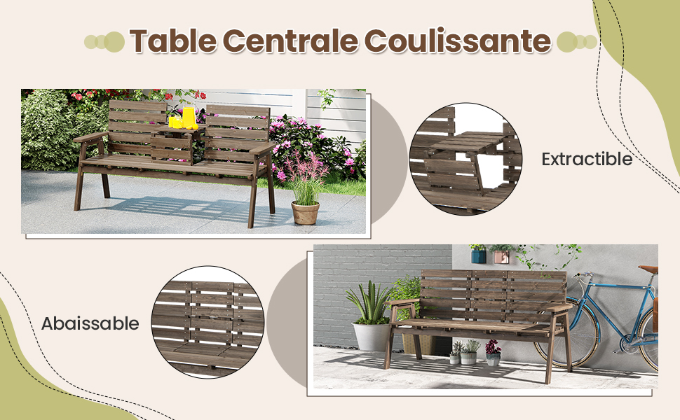 Le texte indique « Table Centrale Coulissante ». Plusieurs images d'un ensemble de mobilier d'extérieur en bois avec un design de table centrale coulissante dans un jardin.