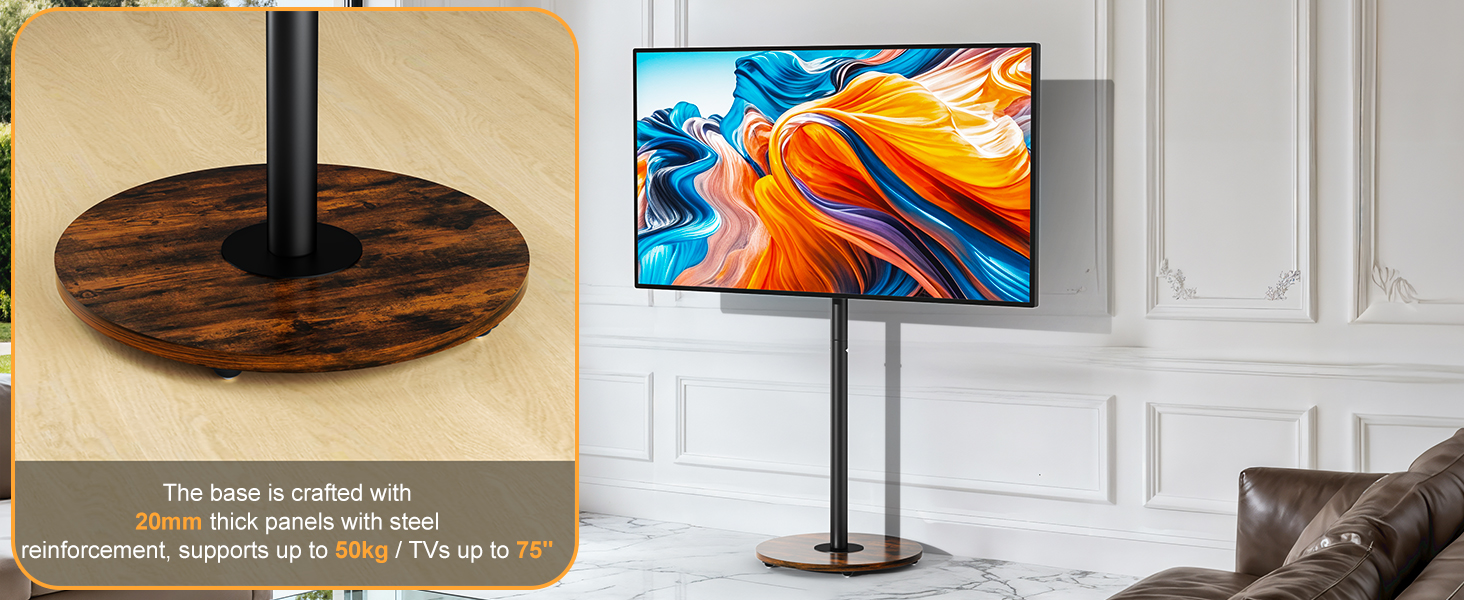 Supporto TV da pavimento con base circolare in legno e display a schermo piatto montato. Mostra un ambiente interno moderno con modanature a parete visibili.