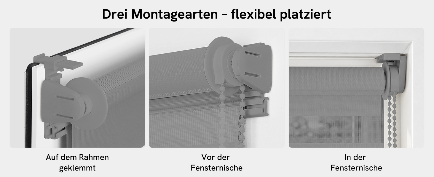 Der Text lautet: „Drei Montagegarten — flexibel platziert“, „Auf dem Balkon anbringen“, „Vor der Fensterniese“, „In der Fensterniese“. Drei modulare Blumenkübel für den Balkon, dargestellt in verschiedenen Montagepositionen.