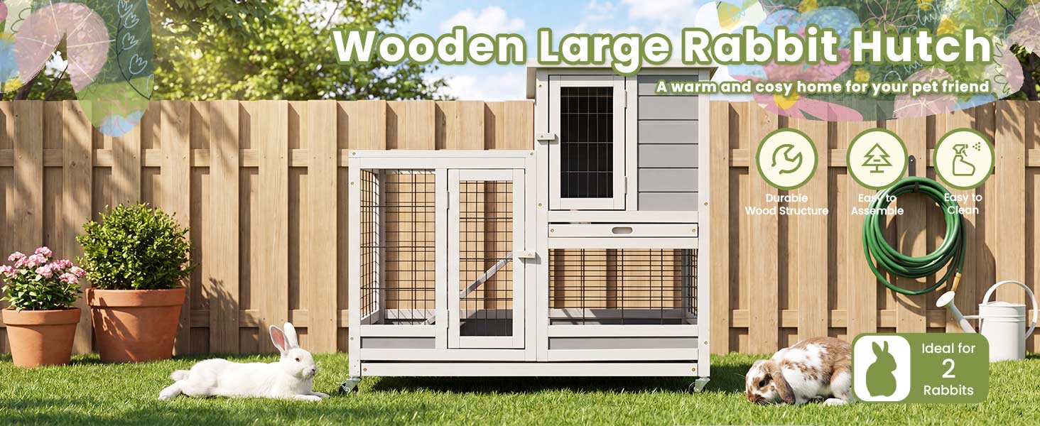 Text reads 'Wooden Large Rabbit Hutch.' Outdoor wooden rabbit enclosure with white-framed wire mesh doors, weathered wood construction, potted plants beside it. Accessories displayed above including feeders, water bottles, and hay holders for rabbit care.