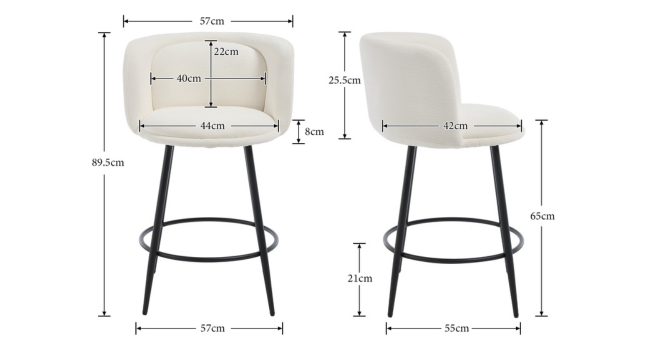 Diagrama técnico que muestra las dimensiones de la silla desde varios ángulos, con las medidas indicadas para las especificaciones de altura, ancho y profundidad.