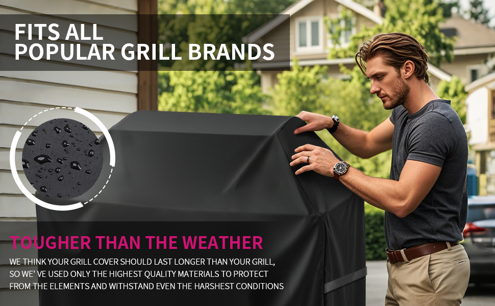 Black grill cover being placed on outdoor grill by person. Text indicates it fits popular brands and is weather-resistant.