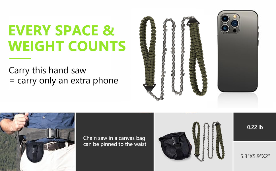 Pocket chainsaw next to smartphone. Text highlights portability. Additional images show chainsaw in use and packed in small pouch.