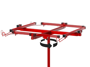 Structure de drone ou de quadricoptère à cadre métallique rouge représentée sous plusieurs angles, affichant la conception structurelle et les points de montage.