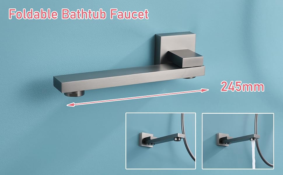 Le texte indique « Robinet de baignoire pliable ». L'image du produit montre un élégant robinet de salle de bain mural avec mécanisme de pliage et indicateurs de mesure.