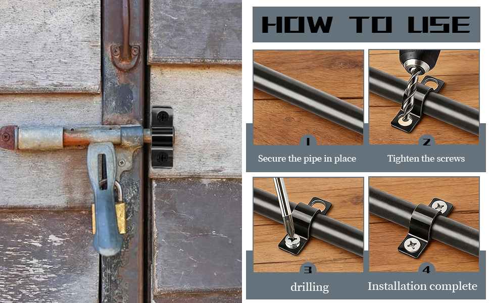 Text reads 'HOW TO USE'. Step-by-step instruction sequence showing installation process of wall-mounted hardware using metal brackets and screws.