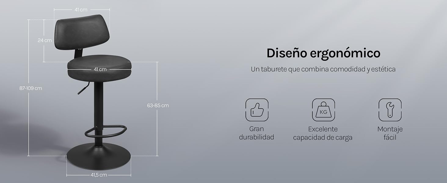 El texto dice «Diseño ergonómico» con iconos debajo. La silla de oficina ergonómica negra se muestra sobre un fondo blanco con características ajustables indicadas mediante iconos de especificaciones del producto.