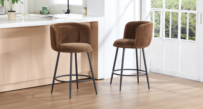 Series of images showing modern bar stools with wooden seats and metal legs in a bright, minimalist interior setting with large windows.