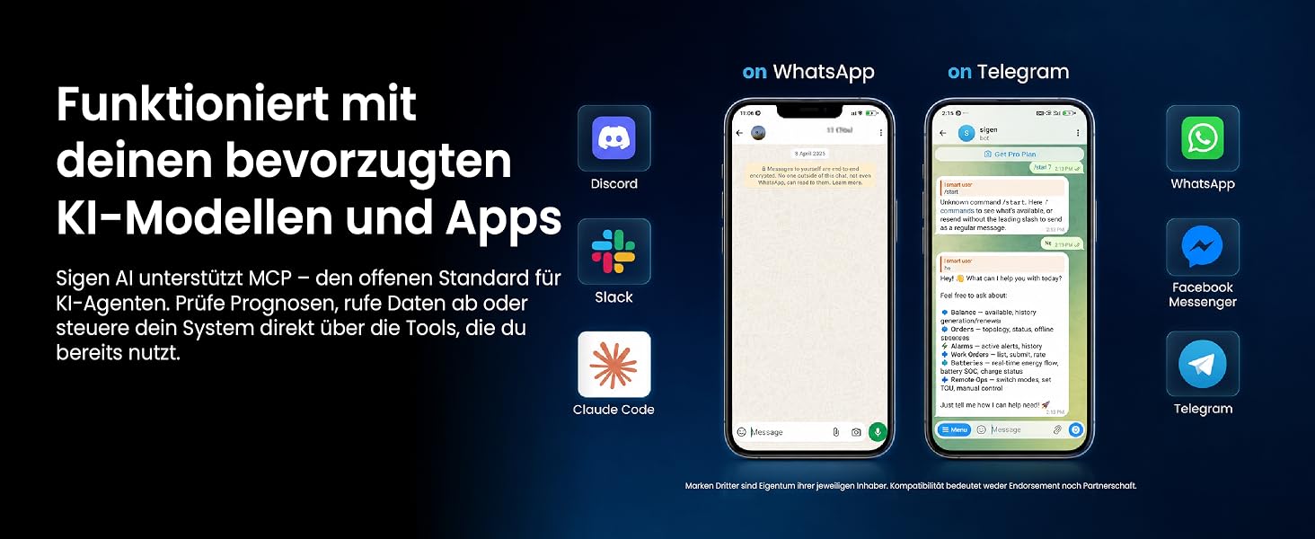 Der Text lautet „Funktioniert mit deinem Zuhause Szenen, KI-Modellen und Apps“. Dunkler Hintergrund mit Benutzeroberflächen für mobile Apps mit Symbolen für Smart-Home-Steuerungs- und Automatisierungsfunktionen.