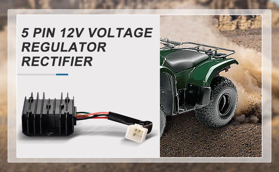 5-pin 12V voltage regulator rectifier for ATVs. Black finned device with wires. Green ATV shown in action on dirt trail for context.