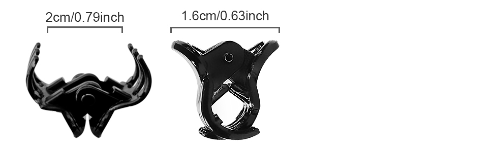Black plastic mounting brackets showing dimensions of 2cm/0.79inch and 1.6cm/0.63inch, displayed in front and side views.