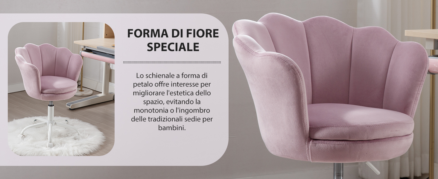 Sedia in velluto rosa con schienale a forma di petalo. Base girevole con finitura cromata. Seduta imbottita in peluche. Mostrato in due viste: prospettiva frontale