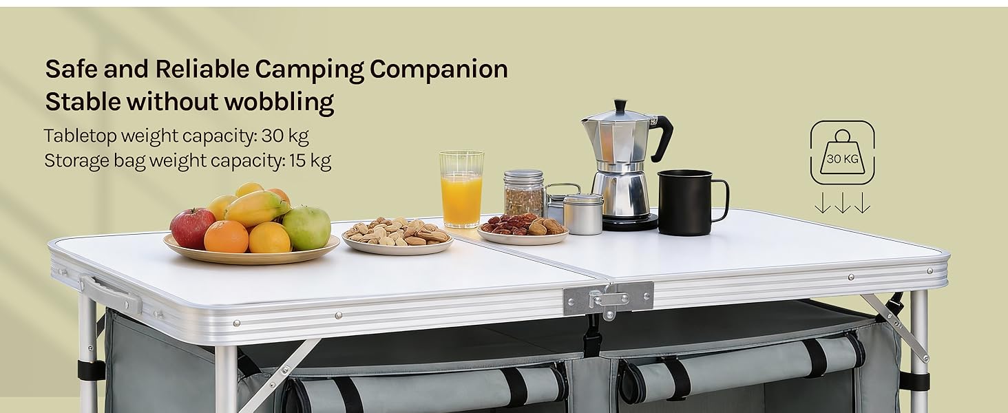 Text reads 'Safe and Reliable Camping Companion Stable without wobbling'.
[SENTENCE 16] Portable camping table with white surface and metal frame shown in outdoor setting.