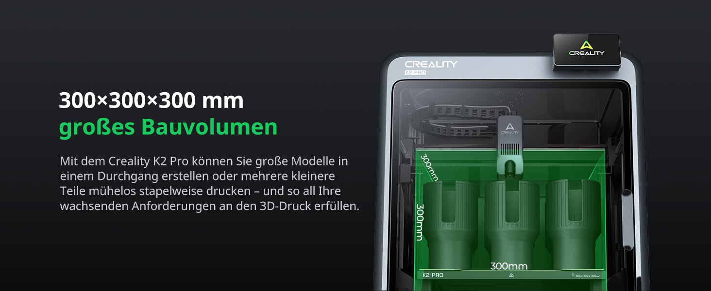 Der Text lautet „300×300×300 mm“ und „großes Bauvolumen“. Grün getönte digitale Füllstands- oder Messanzeige mit beleuchteten Blasenanzeigen.