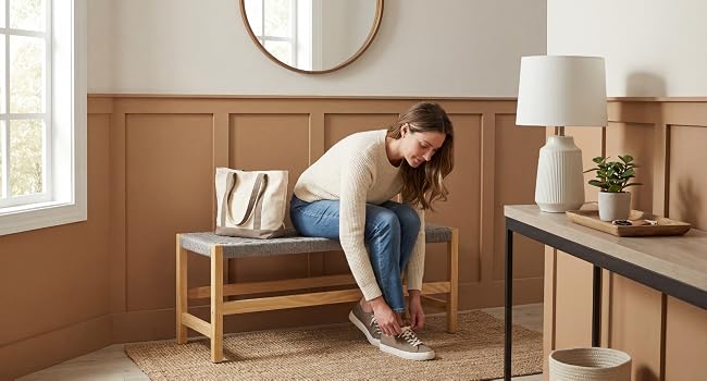 Persona seduta su una panca di legno nell'ingresso di casa, dimostrando di allacciarsi le scarpe o aggiustare le calzature.